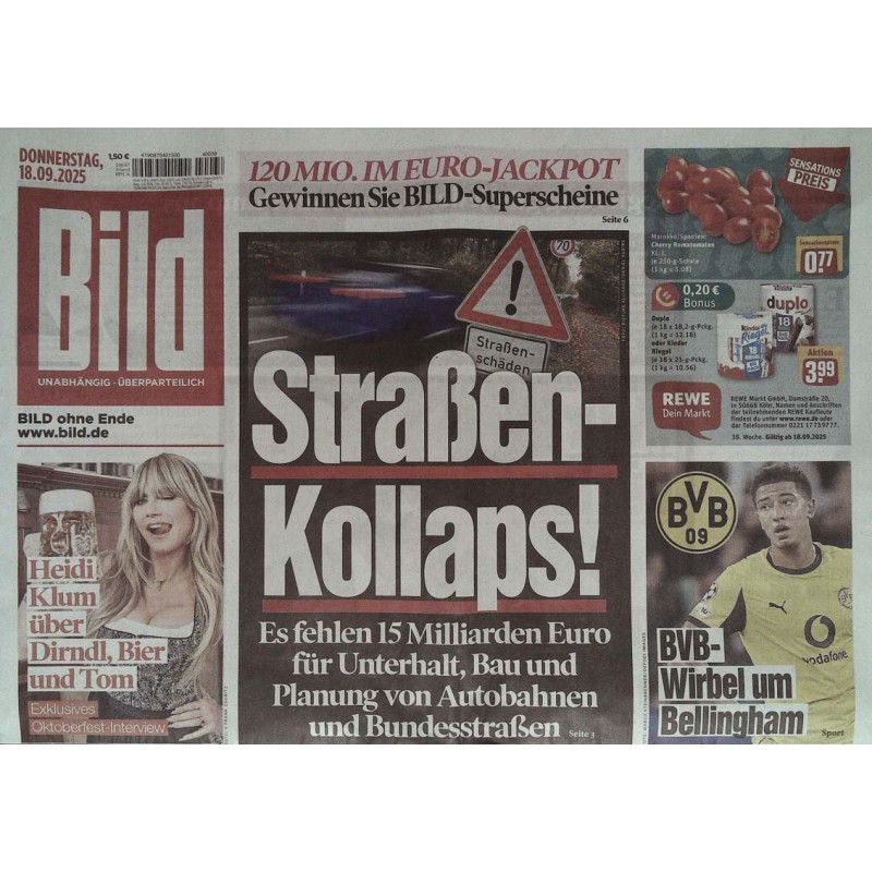 Bild Zeitung Donnerstag, 18 September 2025 - Straßen-Kollaps!