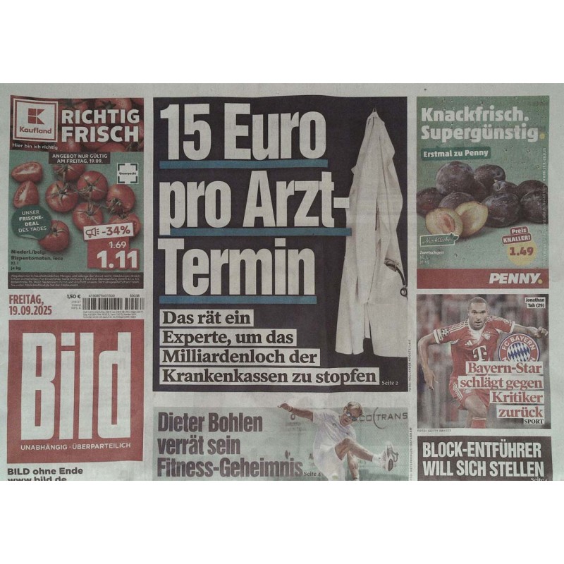 Bild Zeitung Freitag, 19 September 2025 - 15€ pro Arzt-Termin