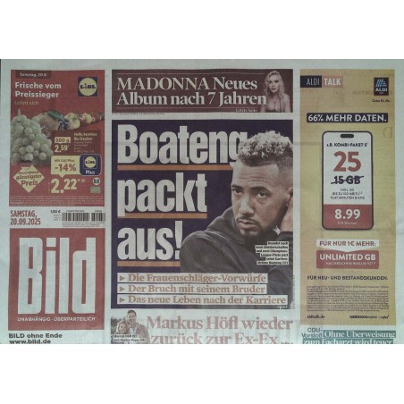 Bild Zeitung Samstag, 20 September 2025 - Boateng packt aus!
