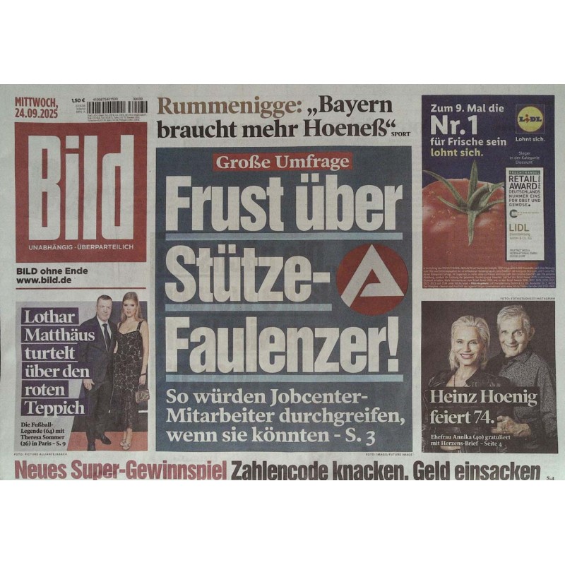 Bild Zeitung Mittwoch, 24 September 2025 - Stütze-Faulenzer!