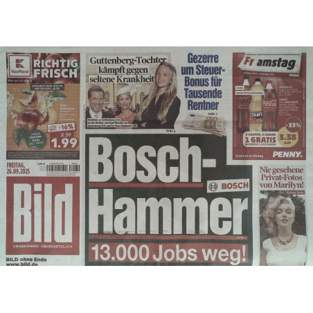 Bild Zeitung Freitag, 26 September 2025 - Bosch-Hammer!