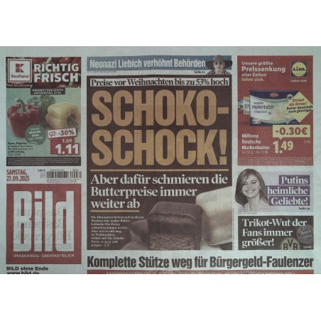 Bild Zeitung Samstag, 27 September 2025 - Schoko Schock!