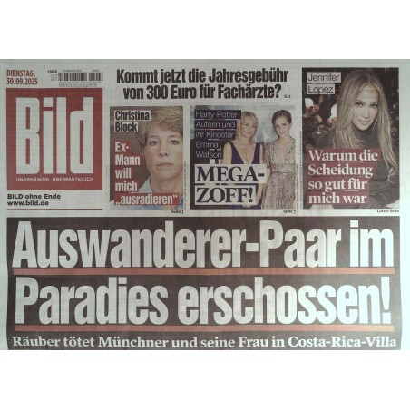 Bild Zeitung Dienstag, 30 September 2025 - Auswanderer-Paar...