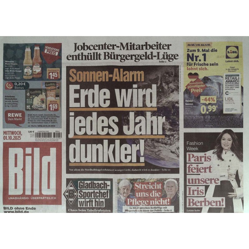 Bild Zeitung Mittwoch, 1 Oktober 2025 - Sonnen-Alarm