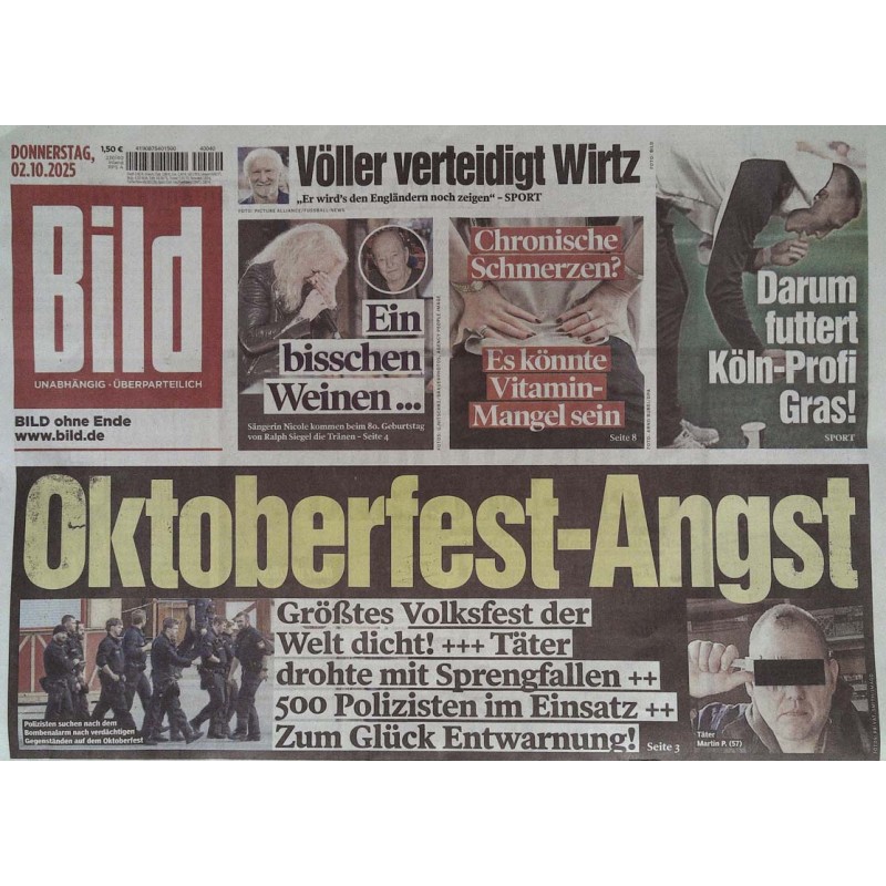 Bild Zeitung Donnerstag, 2 Oktober 2025 - Oktoberfest-Angst