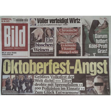 Bild Zeitung Donnerstag, 2 Oktober 2025 - Oktoberfest-Angst