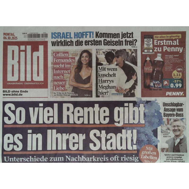 Bild Zeitung Montag, 6 Oktober 2025 - So viel Rente gibt es ...