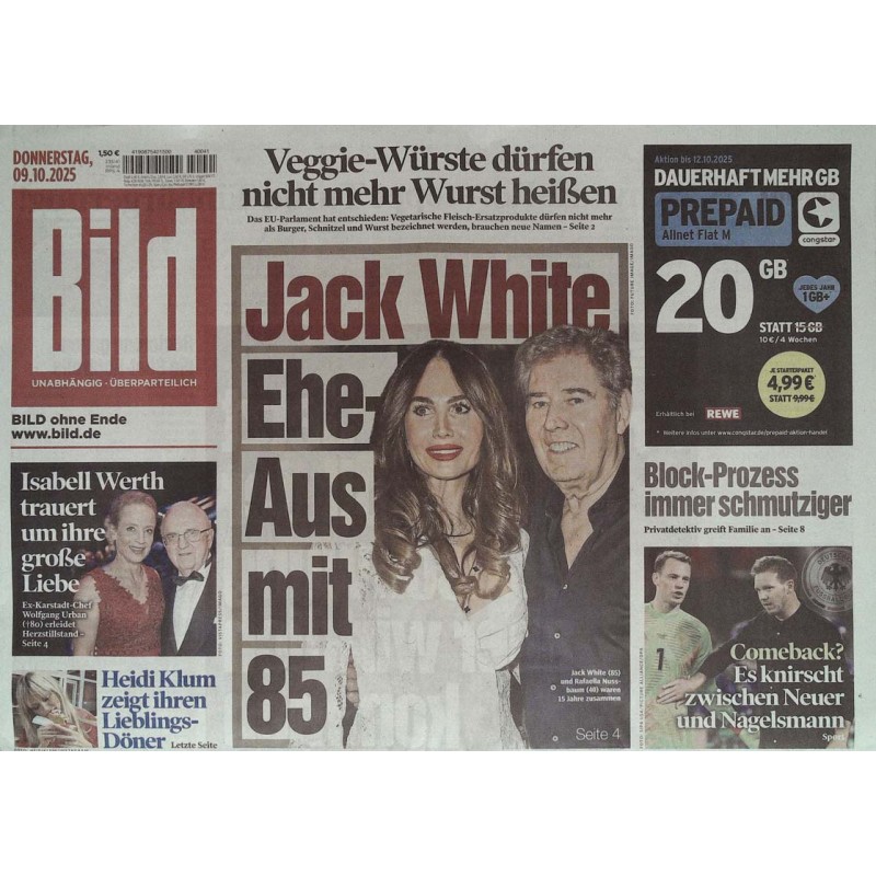 Bild Zeitung Donnerstag, 9 Oktober 2025 - Jack White Ehe-Aus