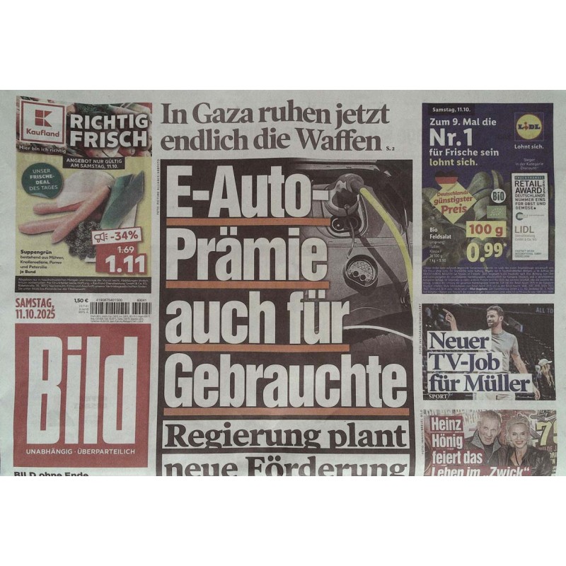 Bild Zeitung Samstag, 11 Oktober 2025 - E-Auto Prämie auch für Gebrauchte