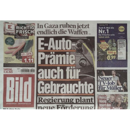 Bild Zeitung Samstag, 11 Oktober 2025 - E-Auto Prämie auch für Gebrauchte