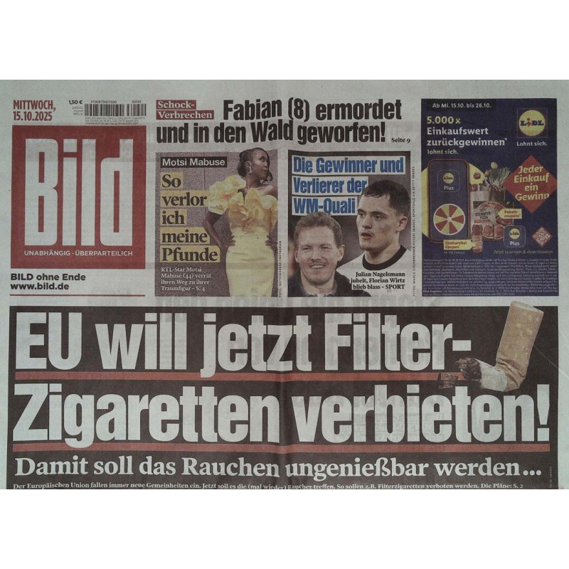 Bild Zeitung Mittwoch, 15 Oktober 2025 - Filter Zigaretten
