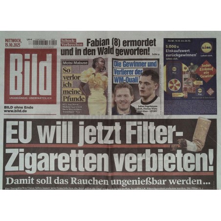 Bild Zeitung Mittwoch, 15 Oktober 2025 - Filter Zigaretten