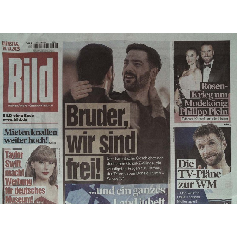 Bild Zeitung Dienstag, 14 Oktober 2025 - Bruder, wir sind frei!