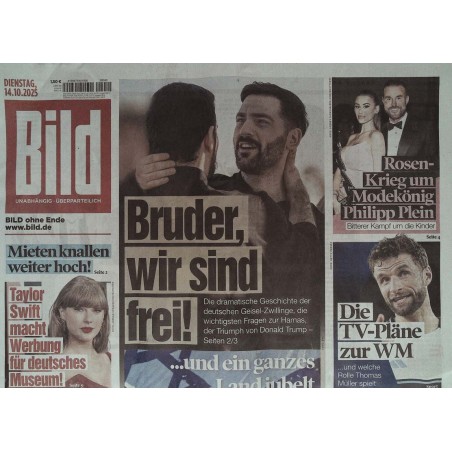 Bild Zeitung Dienstag, 14 Oktober 2025 - Bruder, wir sind frei!