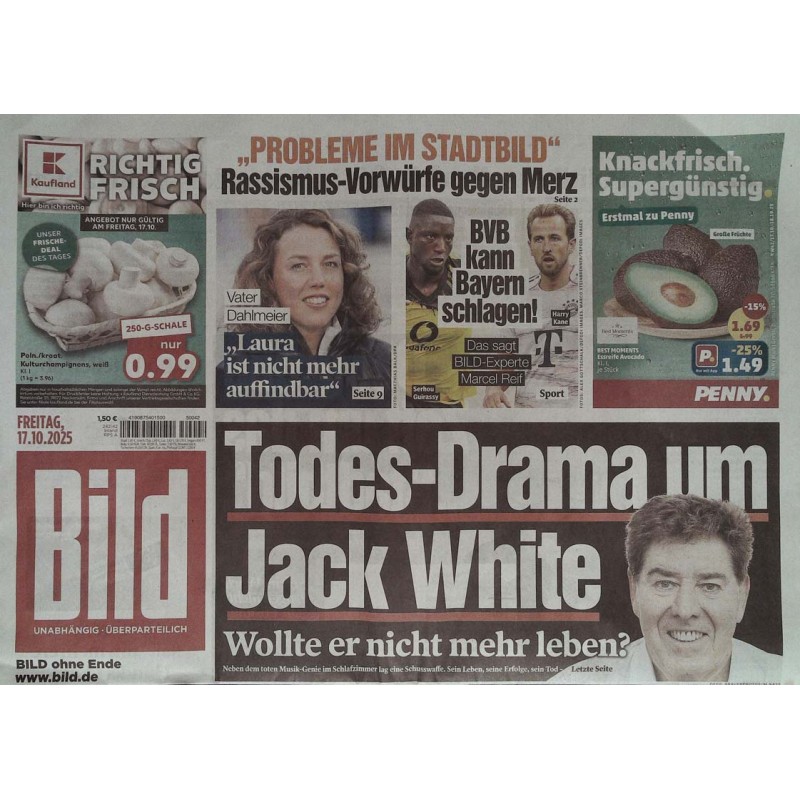 Bild Zeitung Freitag, 17 Oktober 2025 - Jack White Todes-Drama