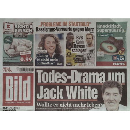 Bild Zeitung Freitag, 17 Oktober 2025 - Jack White Todes-Drama