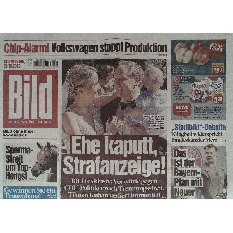 Bild Zeitung Donnerstag, 23 Oktober 2025 - Ehe kaputt!