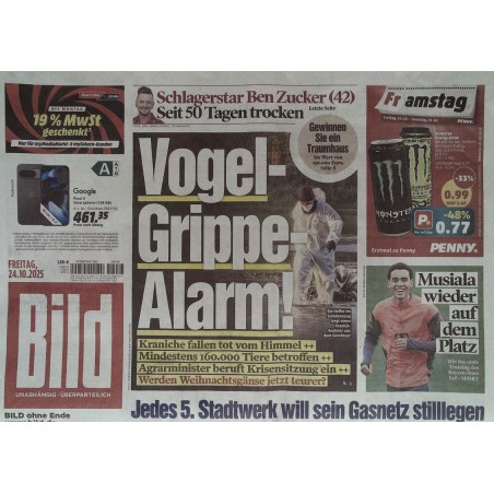 Bild Zeitung Freitag, 24 Oktober 2025 - Vogel-Grippe Alarm