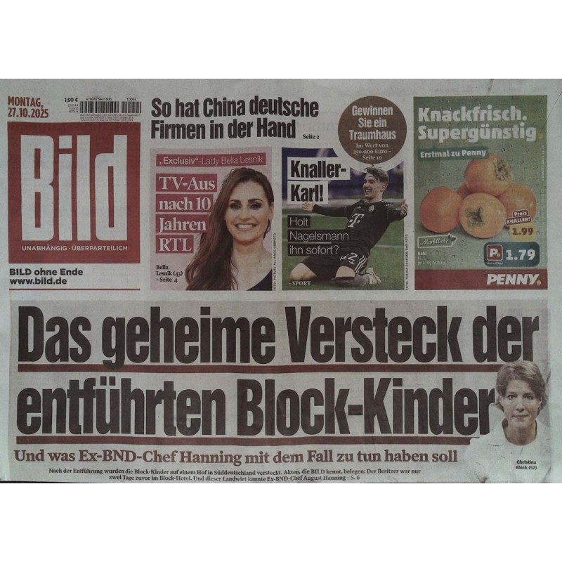 Bild Zeitung Montag, 27 Oktober 2025 - Versteck der Block-Kinder
