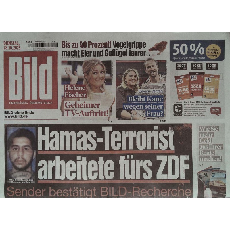Bild Zeitung Dienstag, 28 Oktober 2025 - Hamas-Terrorist bei ZDF!