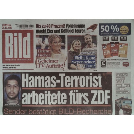 Bild Zeitung Dienstag, 28 Oktober 2025 - Hamas-Terrorist bei ZDF!