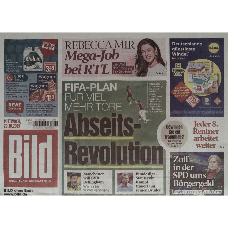 Bild Zeitung Mittwoch, 29 Oktober 2025 - Abseits-Revolution