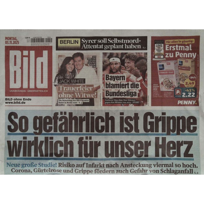 Bild Zeitung Montag, 3 November 2025 - Gefährliche Grippe