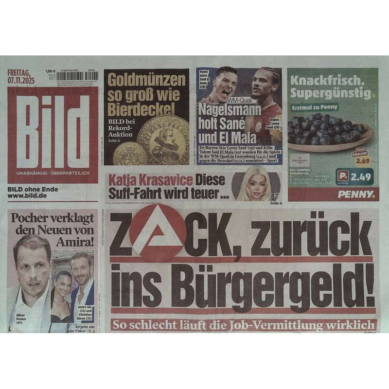 Bild Zeitung Freitag, 7 November 2025 - Zack Bürgergeld