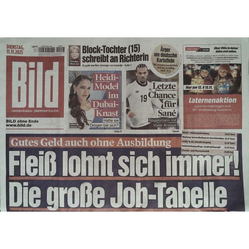 Bild Zeitung Dienstag, 11 November 2025 - Fleiß lohnt sich...
