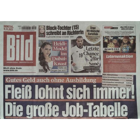 Bild Zeitung Dienstag, 11 November 2025 - Fleiß lohnt sich...