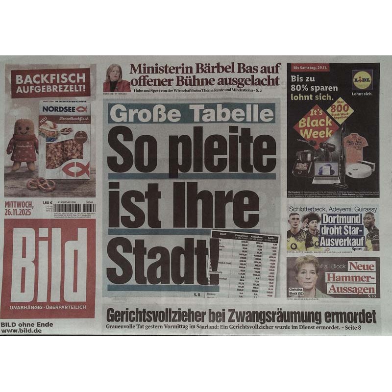 Bild Zeitung Mittwoch, 26 November 2025 - So pleite ist Ihre Stadt