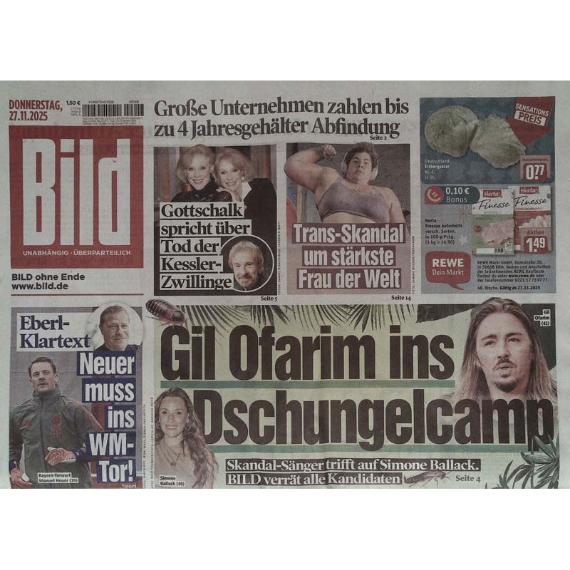 Bild Zeitung Donnerstag, 27 November 2025 - Gil Ofarim Dschungelcamp