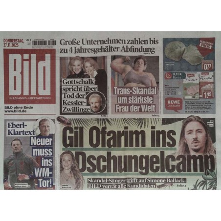 Bild Zeitung Donnerstag, 27 November 2025 - Gil Ofarim Dschungelcamp