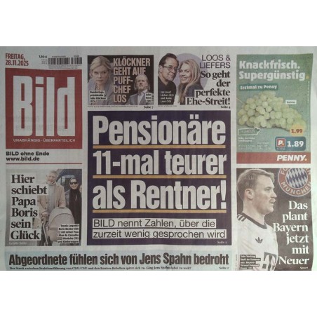 Bild Zeitung Freitag, 28 November 2025 - Pensionäre teurer