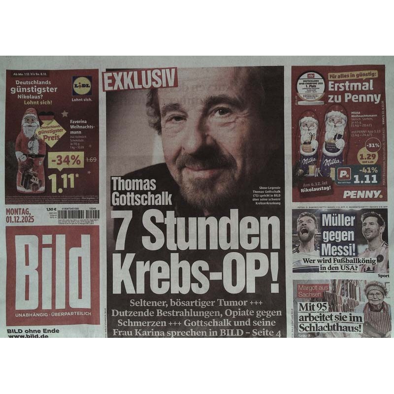 Bild Zeitung Montag, 1  Dezember 2025 - 7 Stunden Krebs-OP!