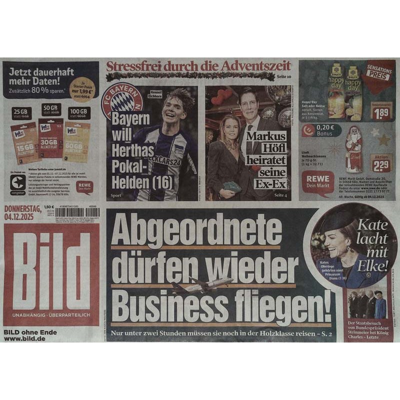 Bild Zeitung Donnerstag, 4 Dezember 2025 - Abgeordnete dürfen...