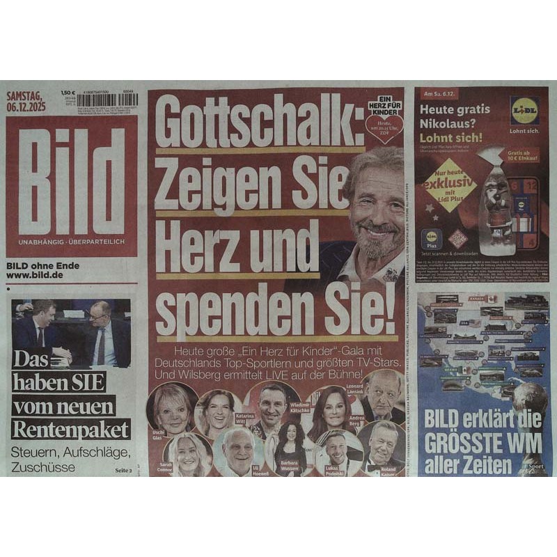 Bild Zeitung Samstag, 6 Dezember 2025 - Gottschalk & spenden