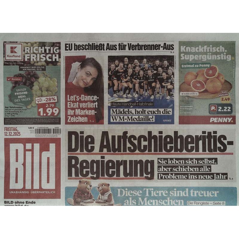 Bild Zeitung Freitag, 12 Dezember 2025 - Die Aufschieberitis-Regierung