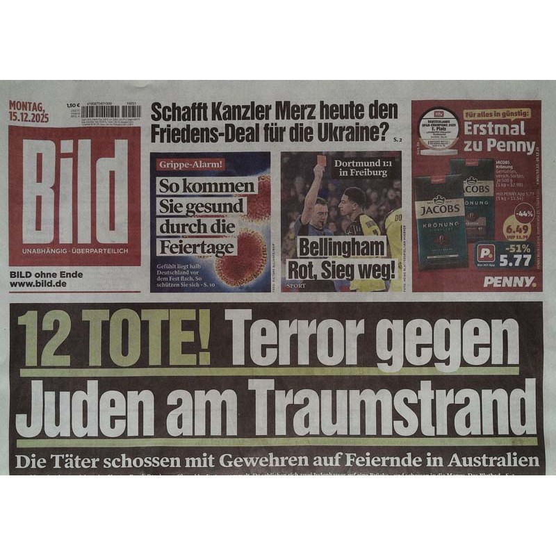 Bild Zeitung Montag, 15 Dezember 2025 - Terror, 12 Tote!