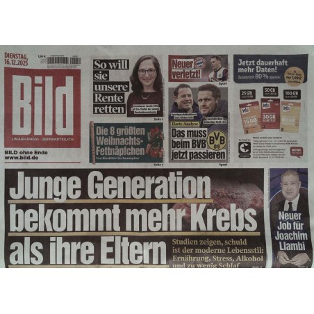Bild Zeitung Dienstag, 16 Dezember 2025 - Junge Generation Krebs