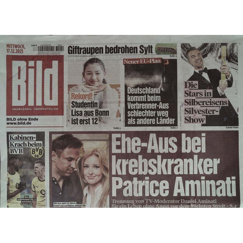 Bild Zeitung Mittwoch, 17 Dezember 2025 - Patrice Aminati Ehe-Aus