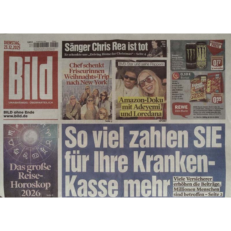 Bild Zeitung Dienstag, 23 Dezember 2025 - Krankenkassen Erhöhung