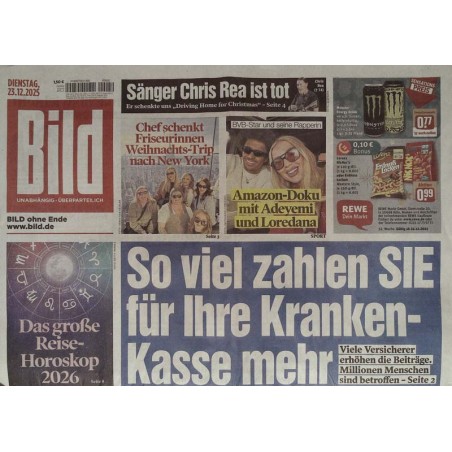 Bild Zeitung Dienstag, 23 Dezember 2025 - Krankenkassen Erhöhung