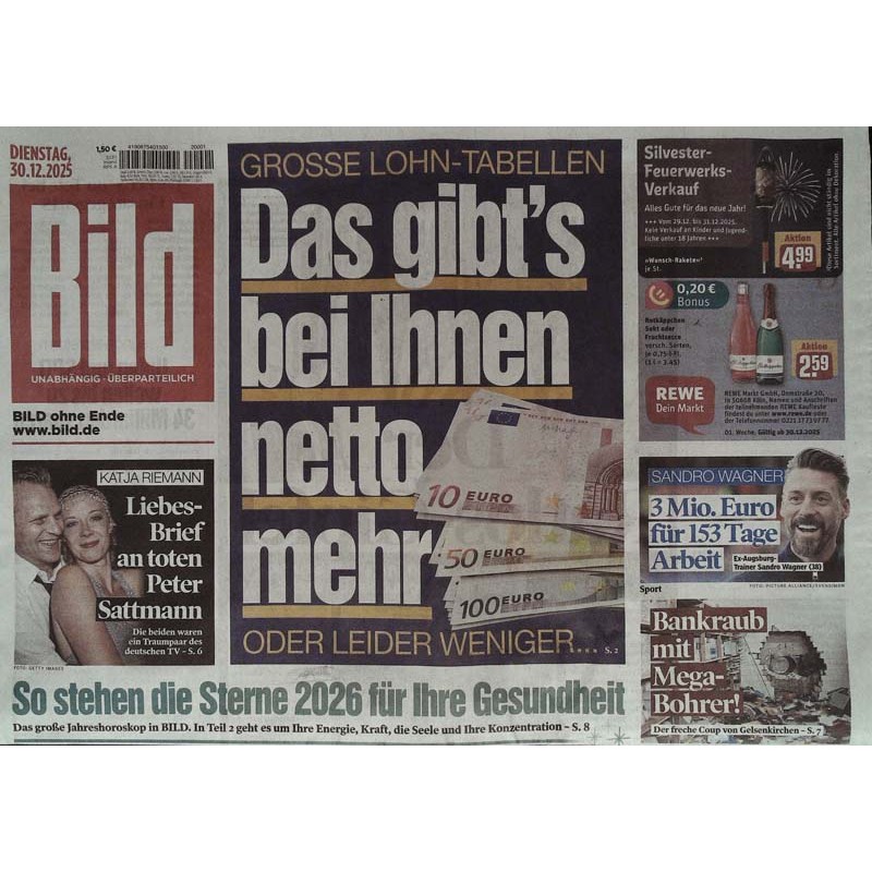 Bild Zeitung Dienstag, 30 Dezember 2025 - Große Lohn-Tabellen