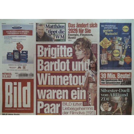 Bild Zeitung Mittwoch, 31 Dezember 2025 - Brigitte Bardot und...