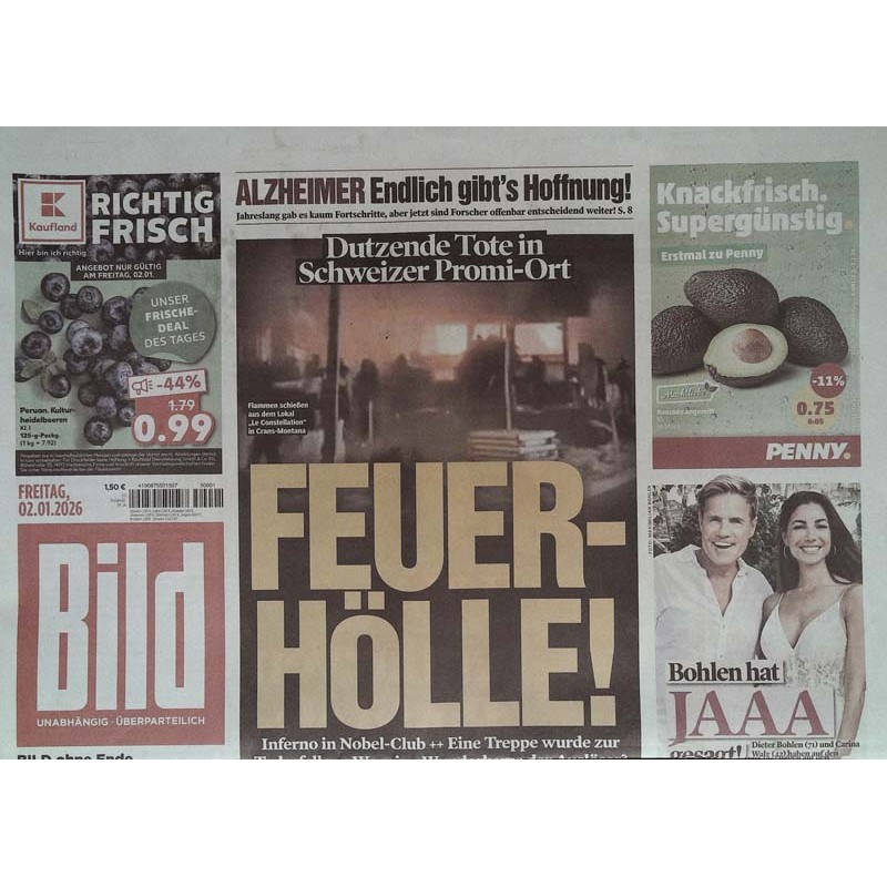 Bild Zeitung Freitag, 2 Januar 2026 - Feuerhölle