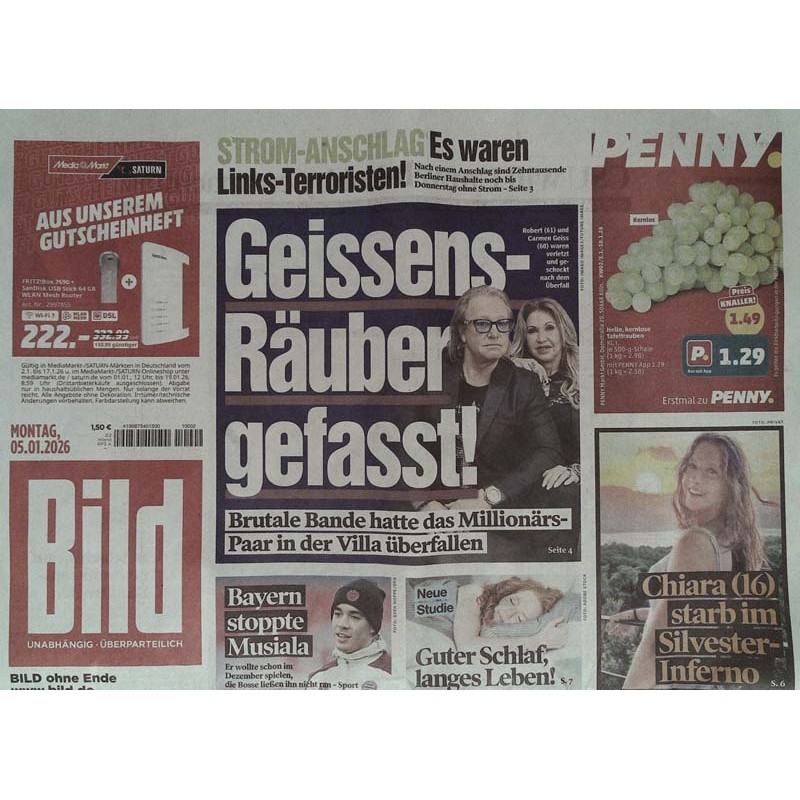 Bild Zeitung Montag, 5 Januar 2026 - Geissens-Räuber gefasst!