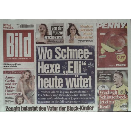 Bild Zeitung Freitag, 9 Januar 2026 - Schneehexe Elli