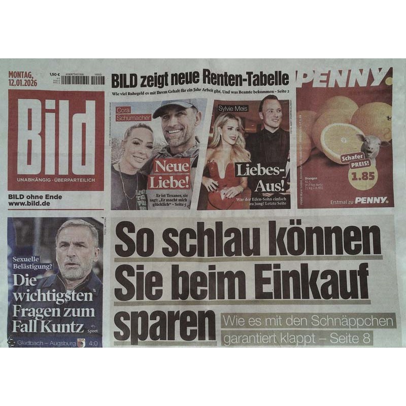 Bild Zeitung Montag, 12 Januar 2026 - Beim Einkauf sparen