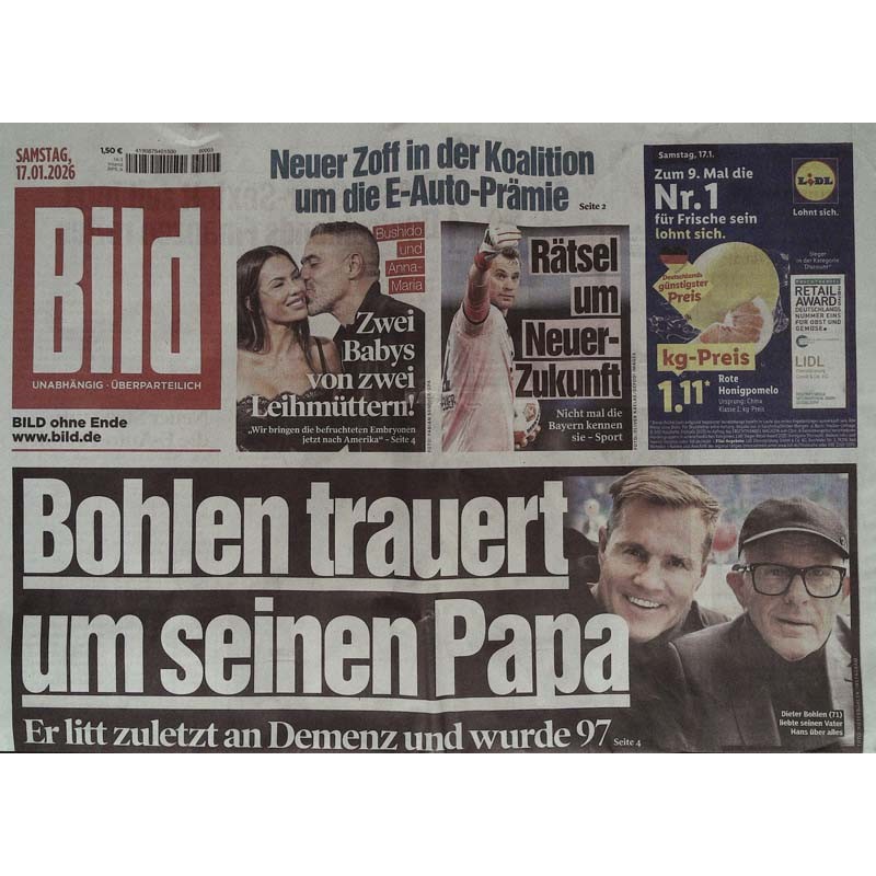 Bild Zeitung Samstag, 17 Januar 2026 - Bohlen trauert!